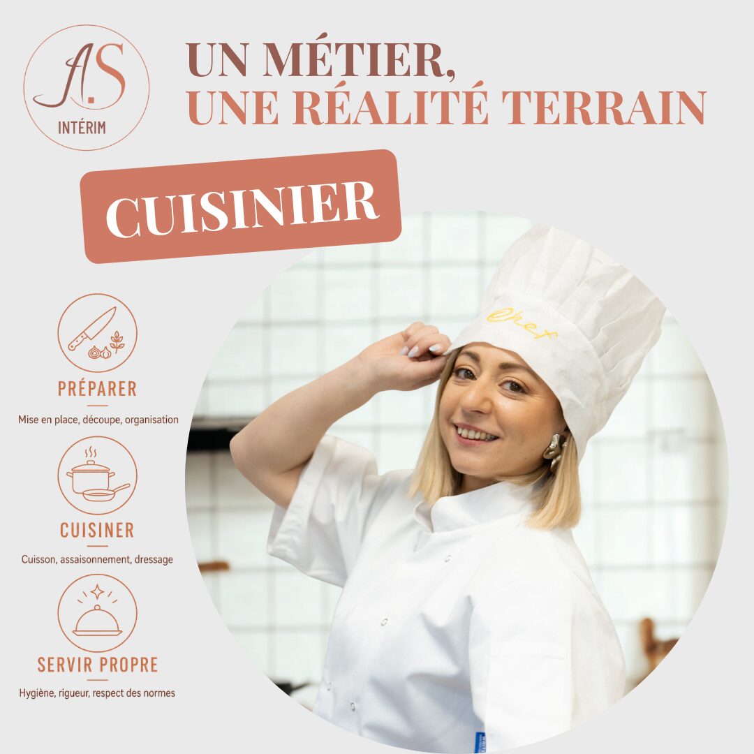 Visuel AS Intérim présentant le métier de cuisinier : préparer, cuisiner et servir propre.
