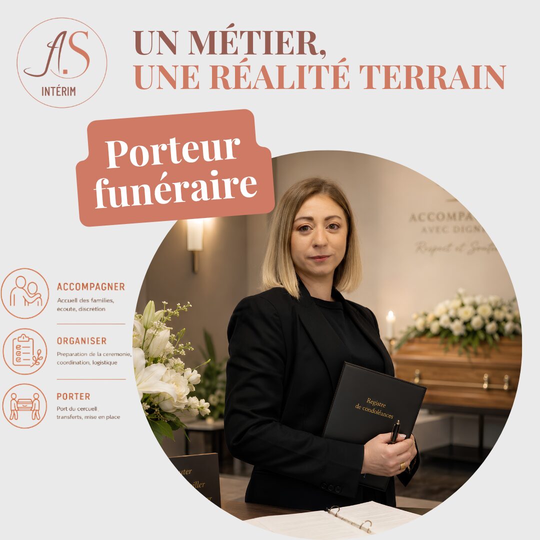 Porteuse funéraire en tenue professionnelle présentant les missions du métier : accompagner les familles, organiser la cérémonie et porter le cercueil.