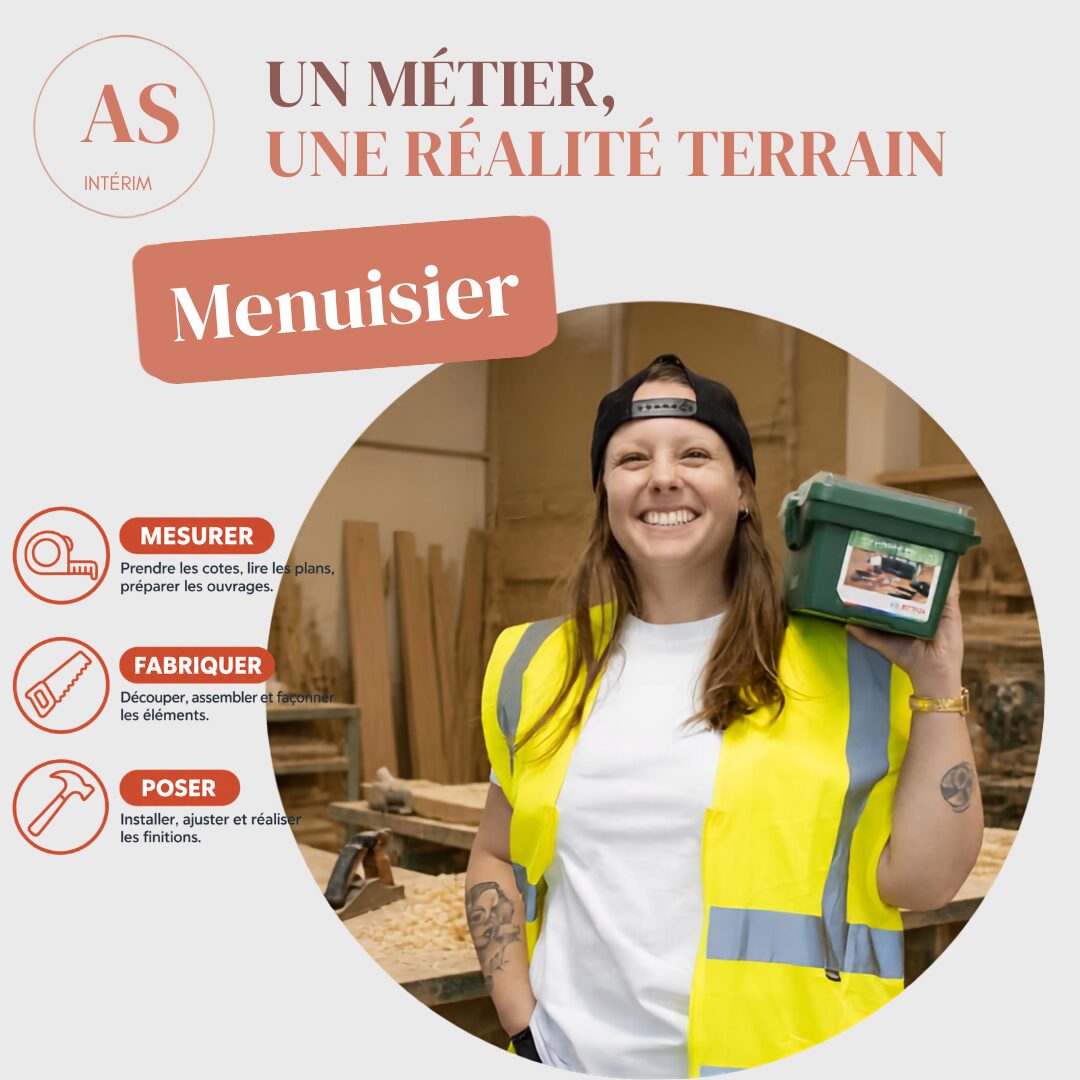 Menuisièr dans un atelier de menuiserie tenant une boîte à outils, visuel métier menuisier AS Intérim